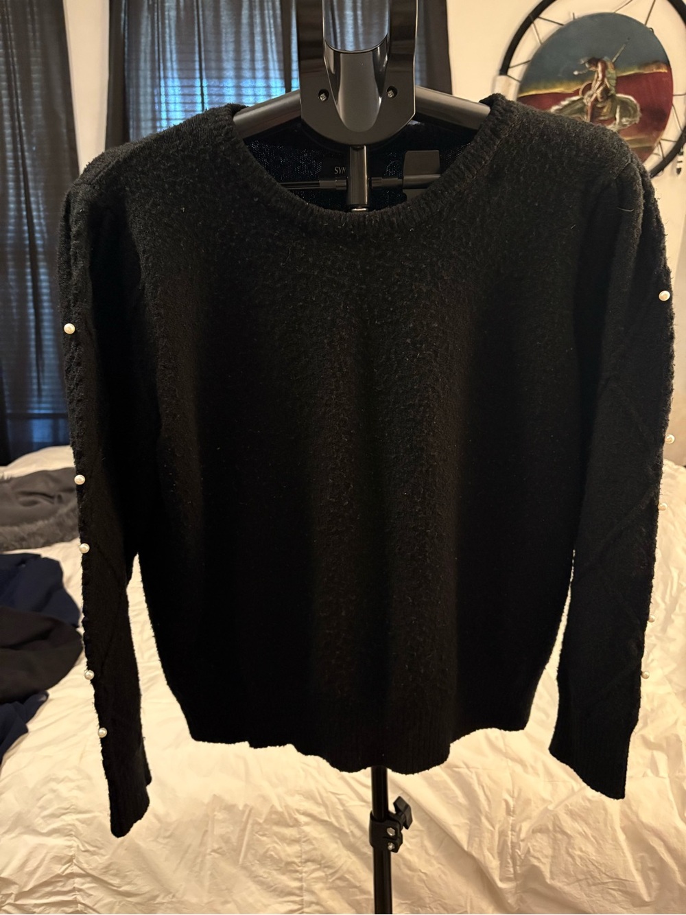 Symmetry Black Crewneck Sweater with Pearl Sleeve Trim